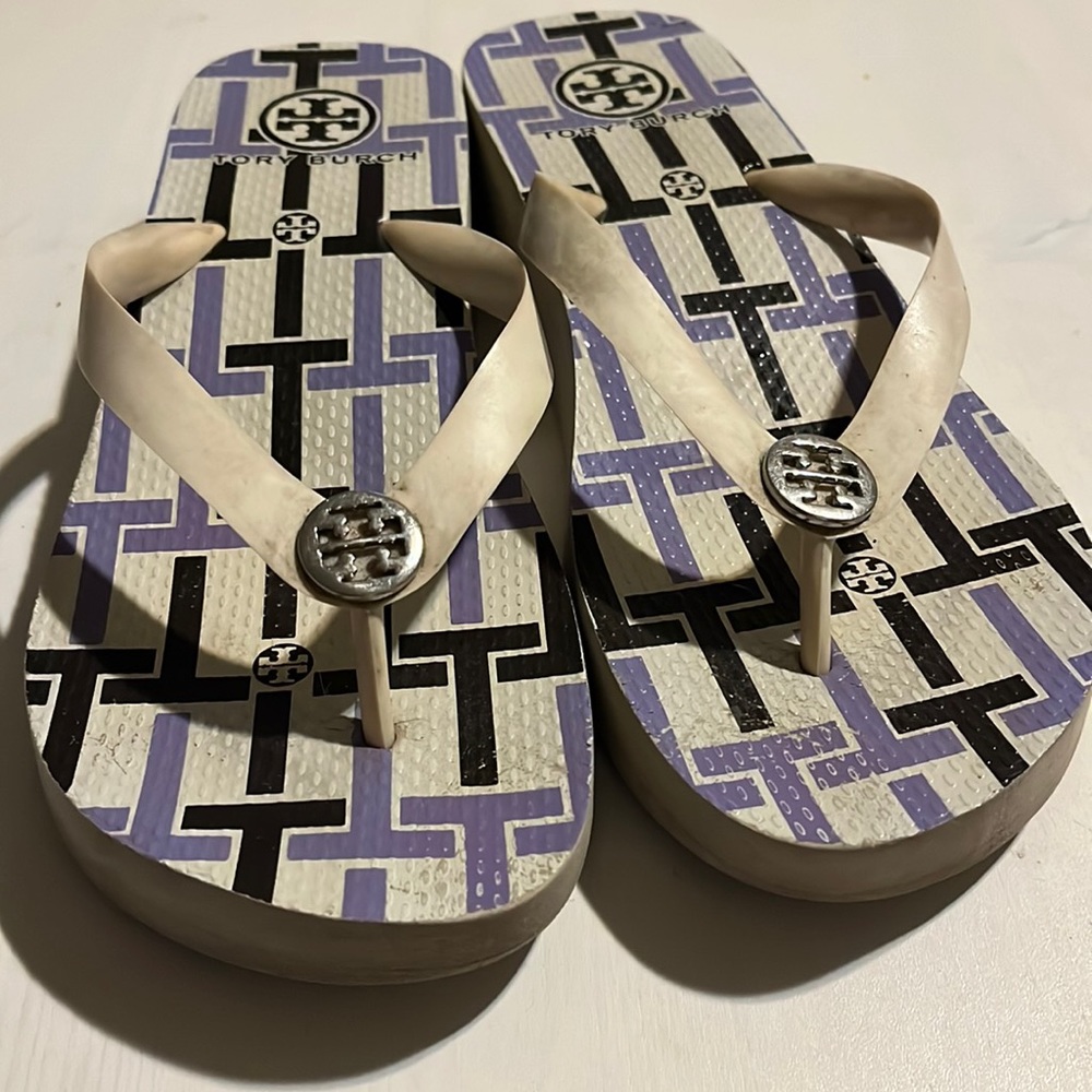 White Tory Burch wedge flip flops